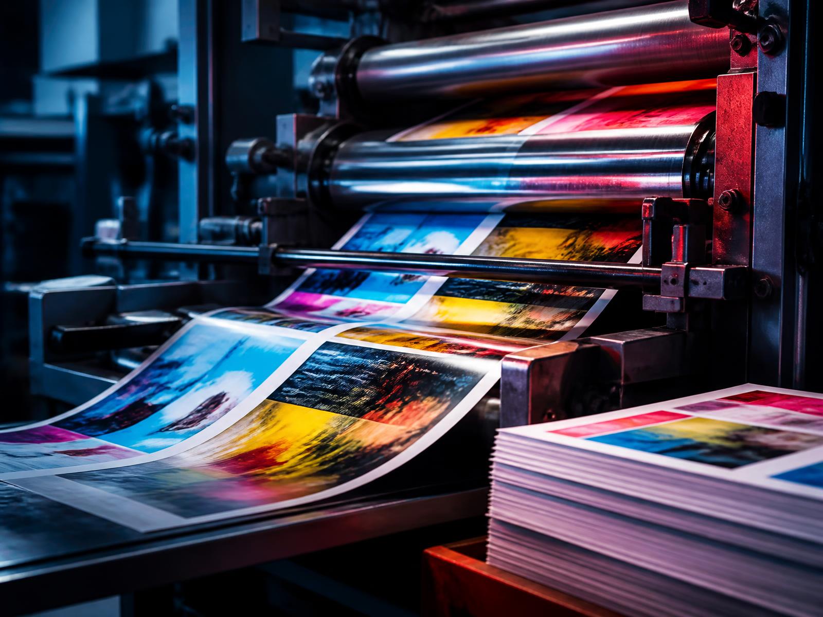 Commercial offset printing press running full-color printed sheets